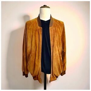 Bijan Men’s Goatskin Suede Bomber Jacket Caramel Cognac Rib Knit Luxury | Large